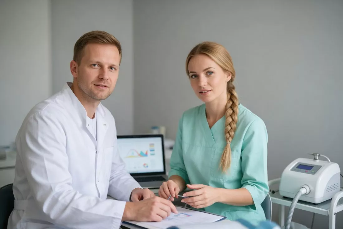 dentyści omawiają leczenie z użyciem lasera
